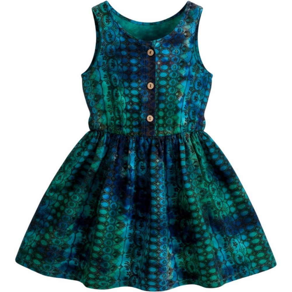 Peas and Queues Girls Size 6 Teal Blue Tie Dye Damask Cotton Boutique Dress